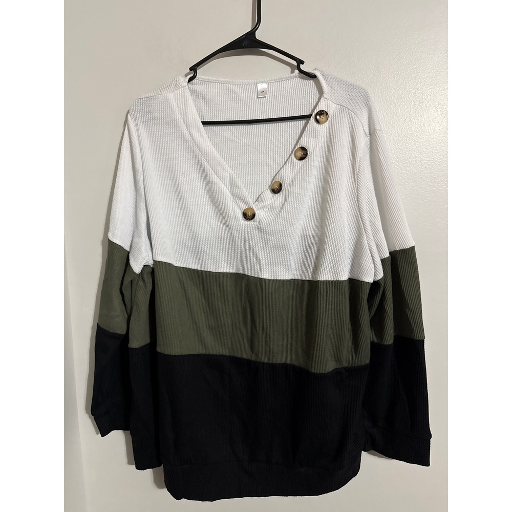 Waffle Knit Colorblock V-Neck Long Sleeve Top White Green Black 2X